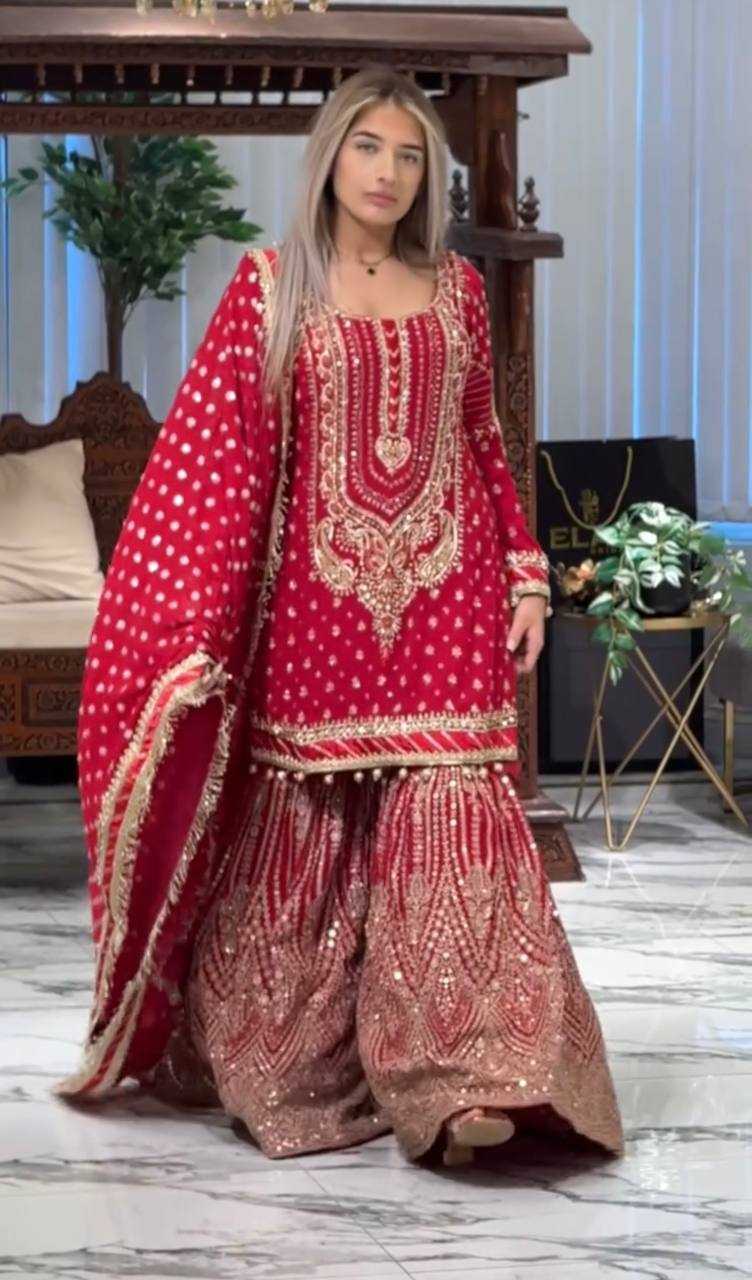 Faux Georgette Embroidery Palazzo Suit