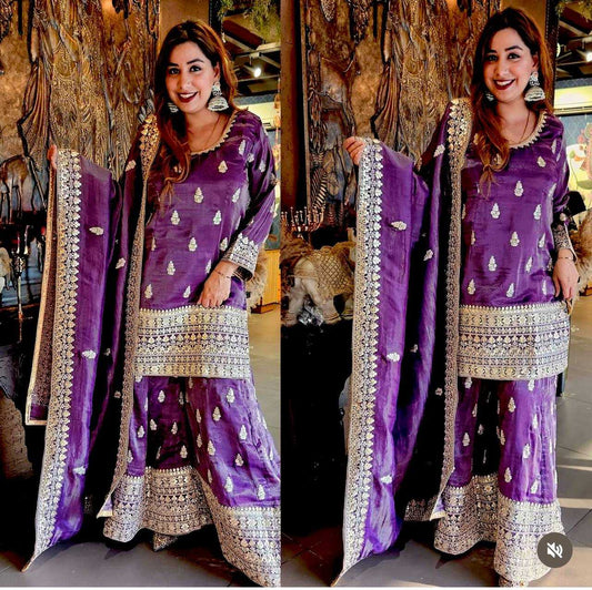 ✨ Chinon Silk Embroidery Wedding Sharara Suits! ✨