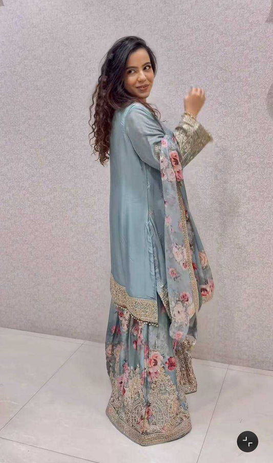 Chinon Silk Embroidery Sharara Salwar Suit