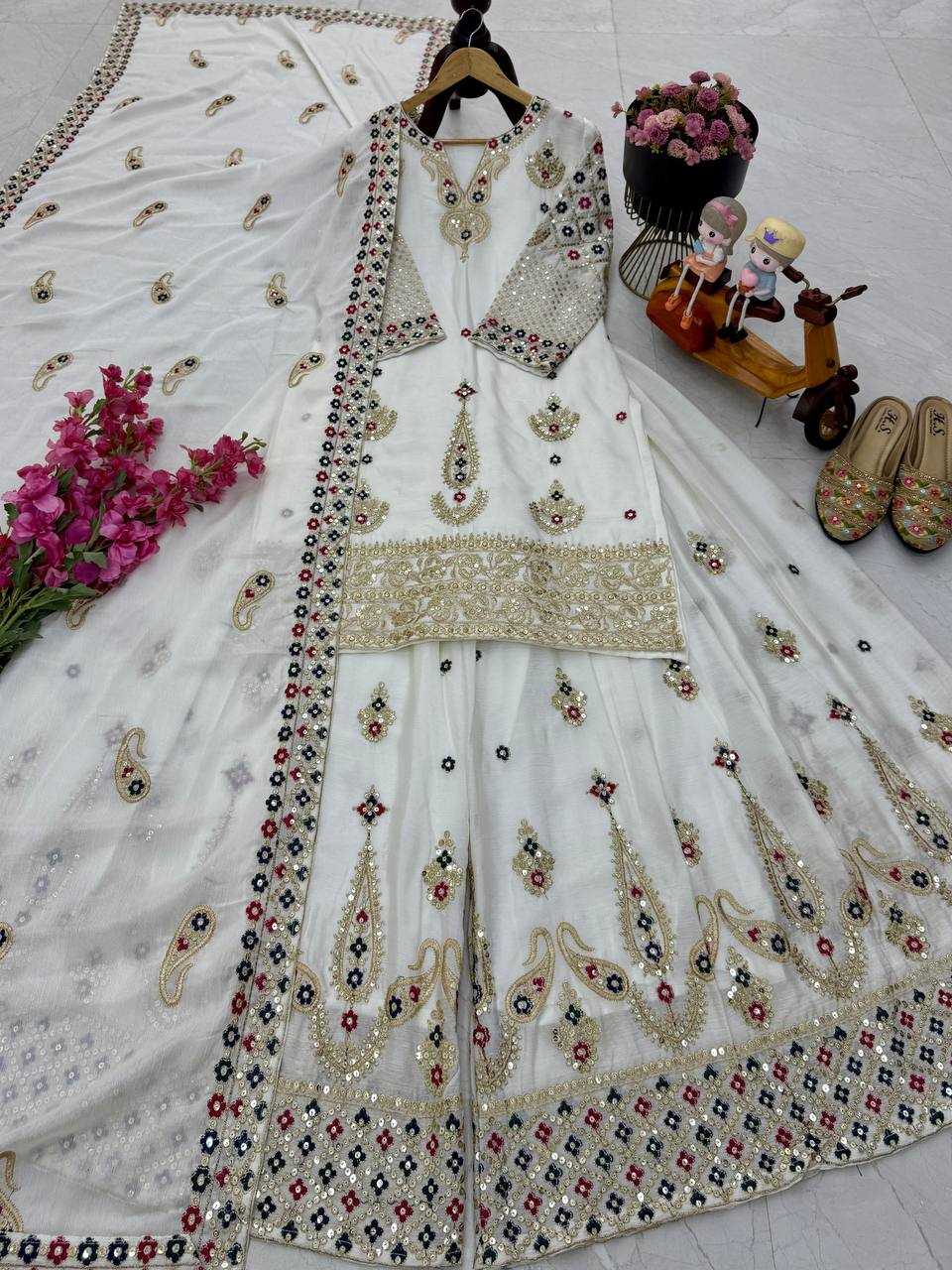 Chinon Silk Embroidery Sharara Salwar Suit