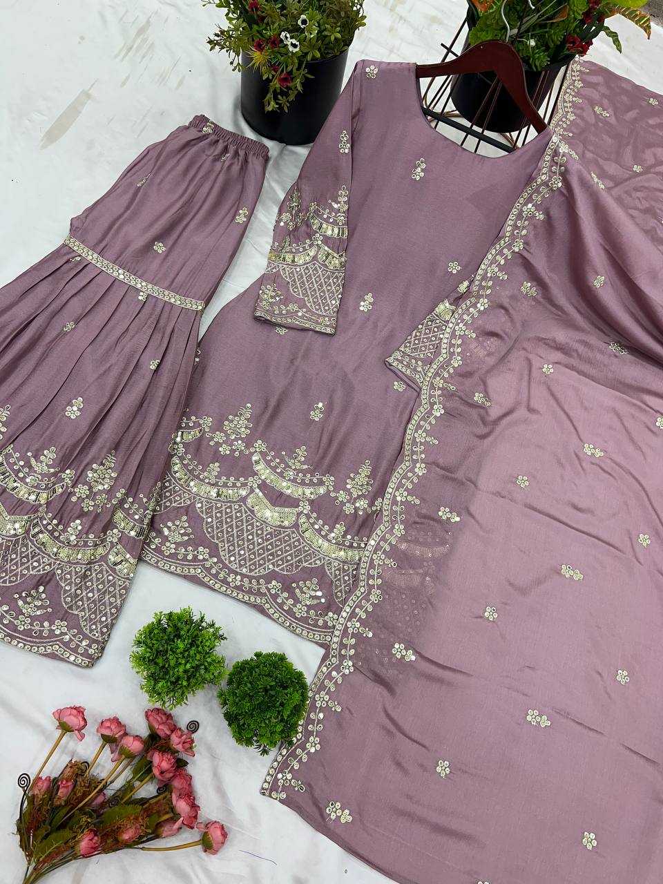 Embroidery Chinon Silk Sharara Salwar Suits