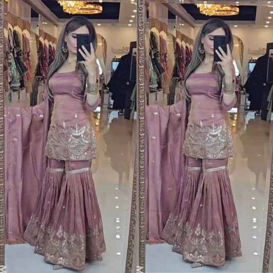 Embroidery Chinon Silk Sharara Salwar Suits