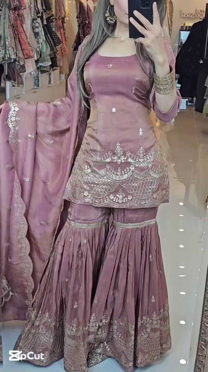 Embroidery Chinon Silk Sharara Salwar Suits