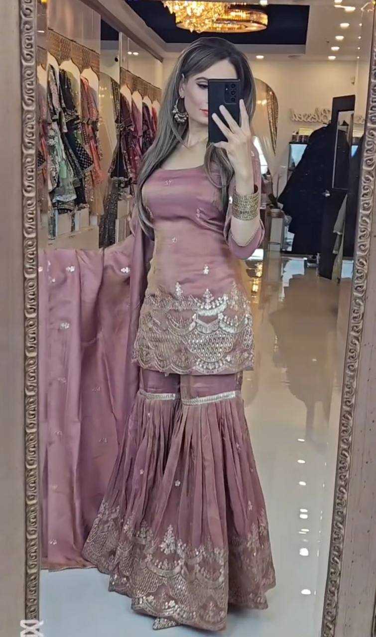 Embroidery Chinon Silk Sharara Salwar Suits