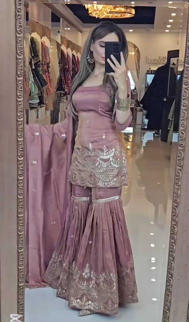 Embroidery Chinon Silk Sharara Salwar Suits