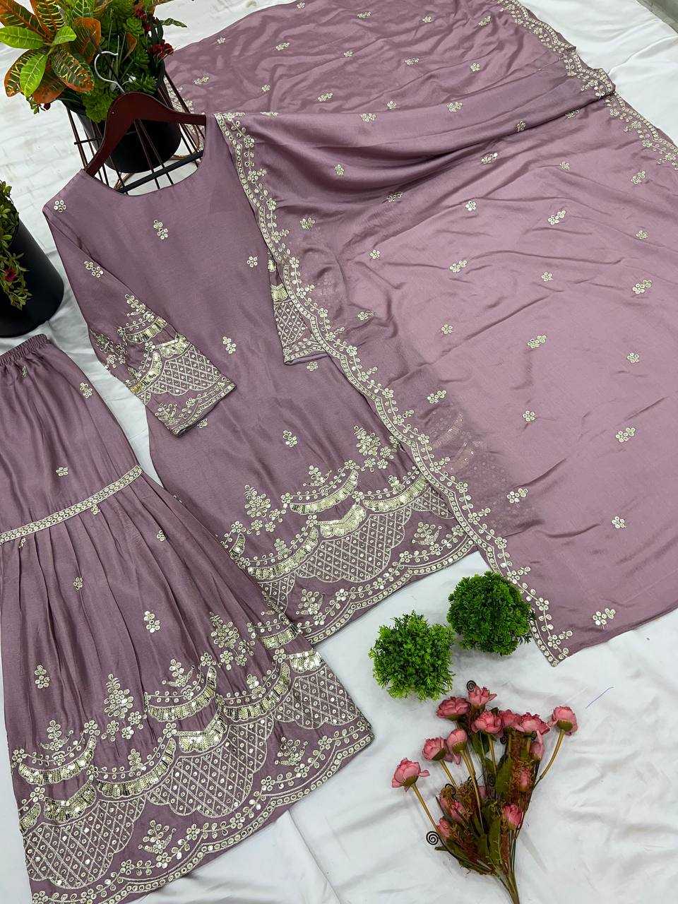 Embroidery Chinon Silk Sharara Salwar Suits