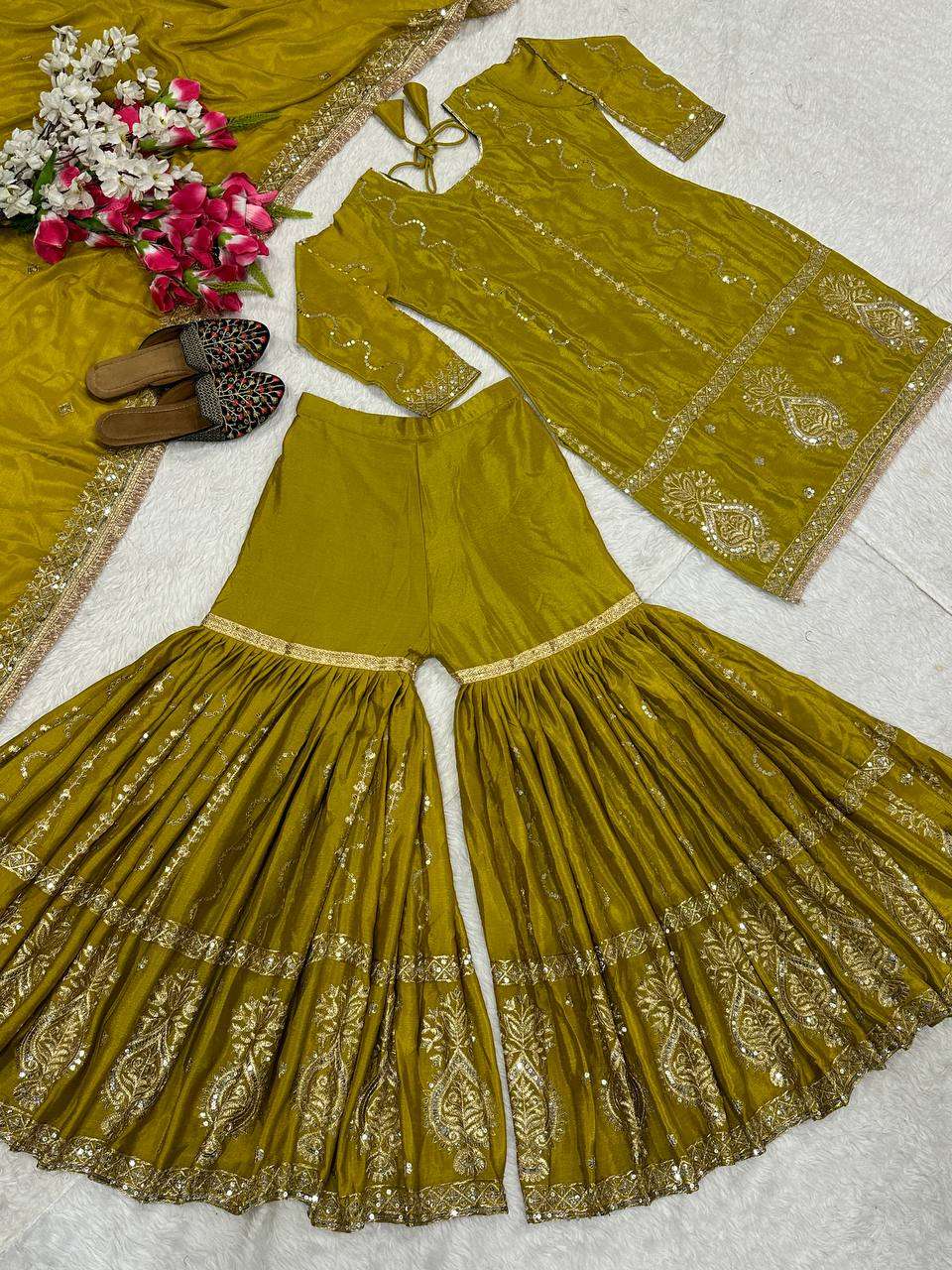 Chinon Silk Embroidery Sharara Salwar Suits