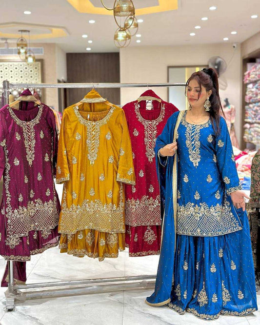 Chinon Silk Embroidery Sharara Salwar Wedding Suits