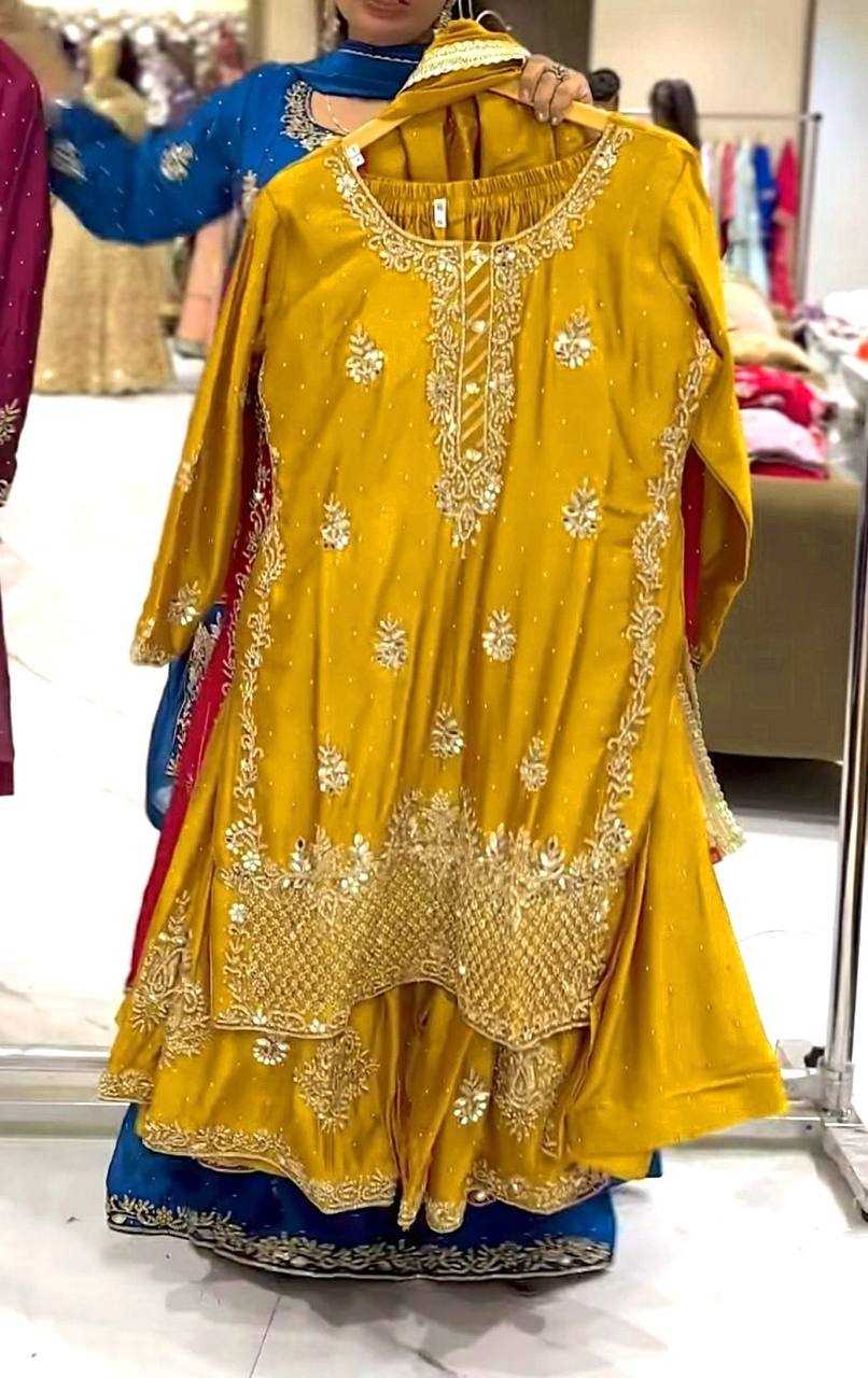 Chinon Silk Embroidery Sharara Salwar Wedding Suits