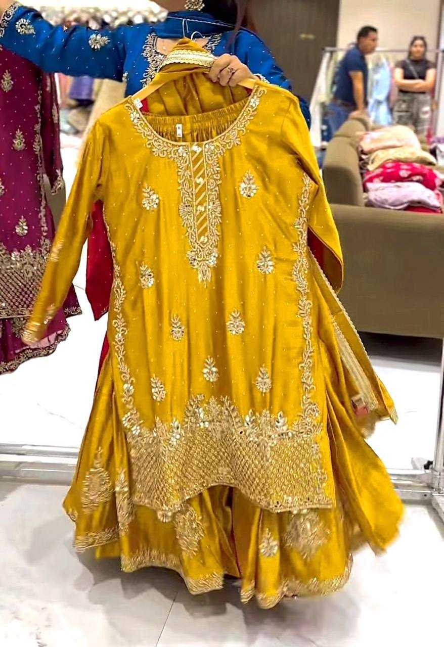Chinon Silk Embroidery Sharara Salwar Wedding Suits