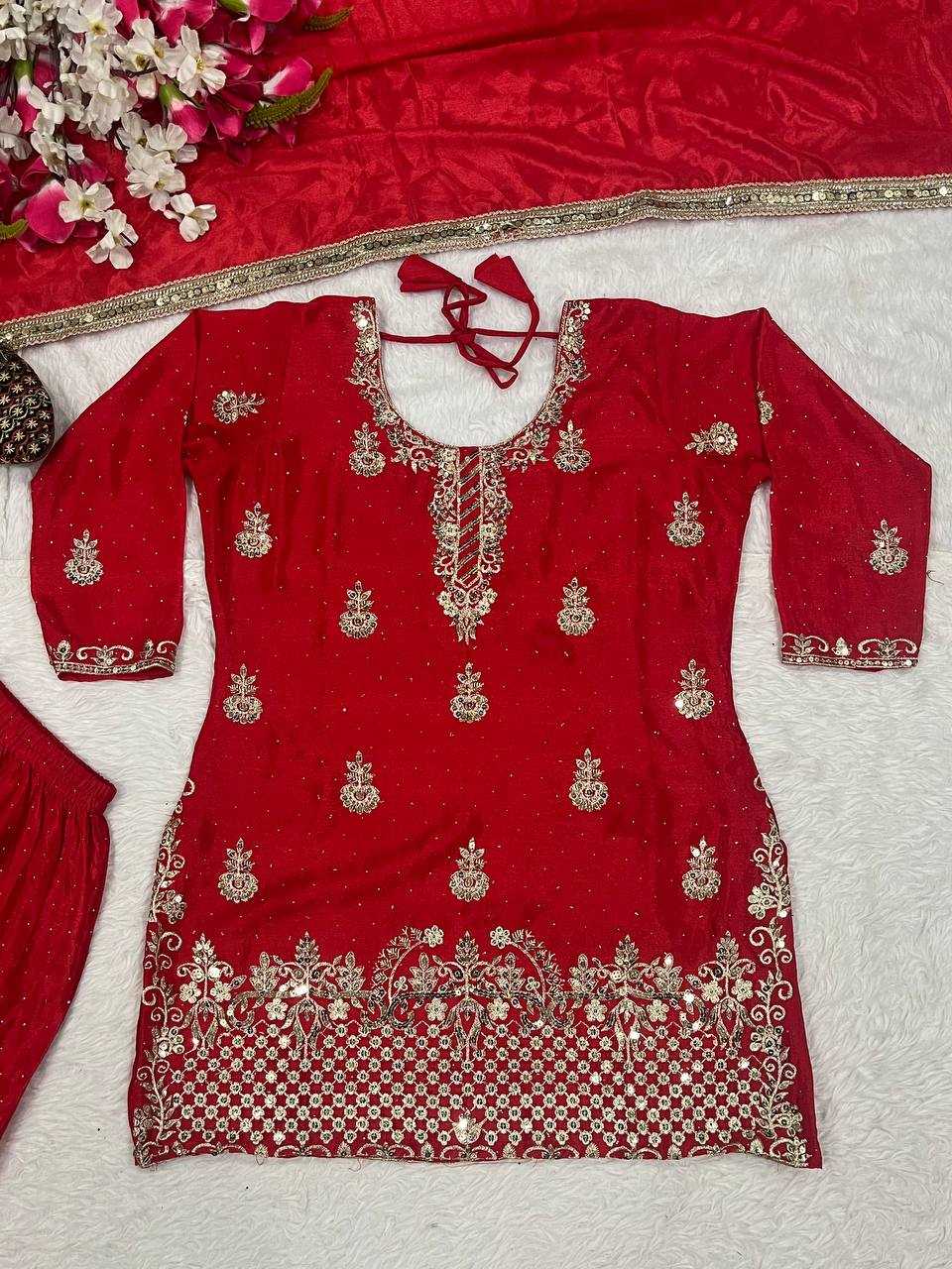 Chinon Silk Embroidery Sharara Salwar Wedding Suits