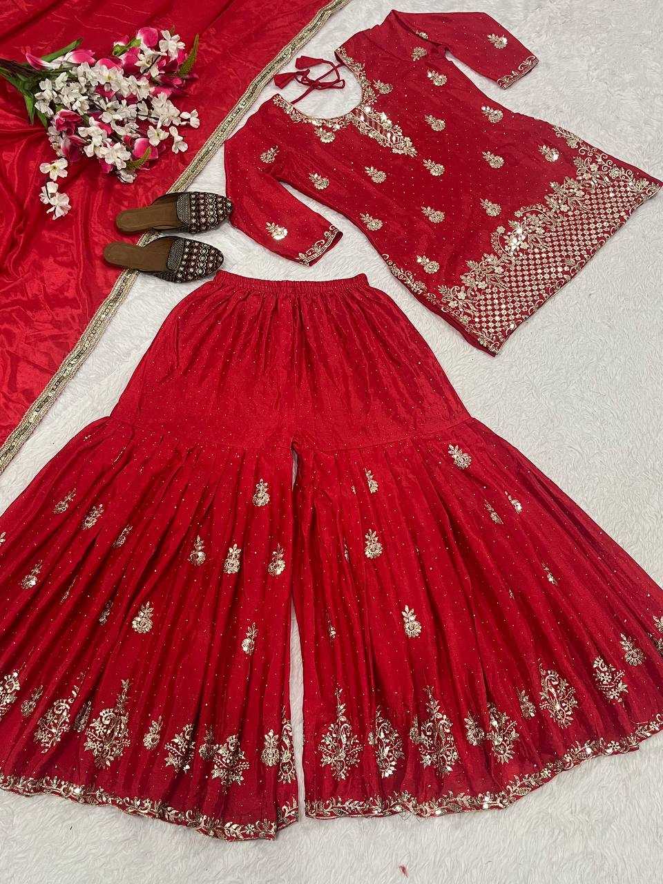Chinon Silk Embroidery Sharara Salwar Wedding Suits