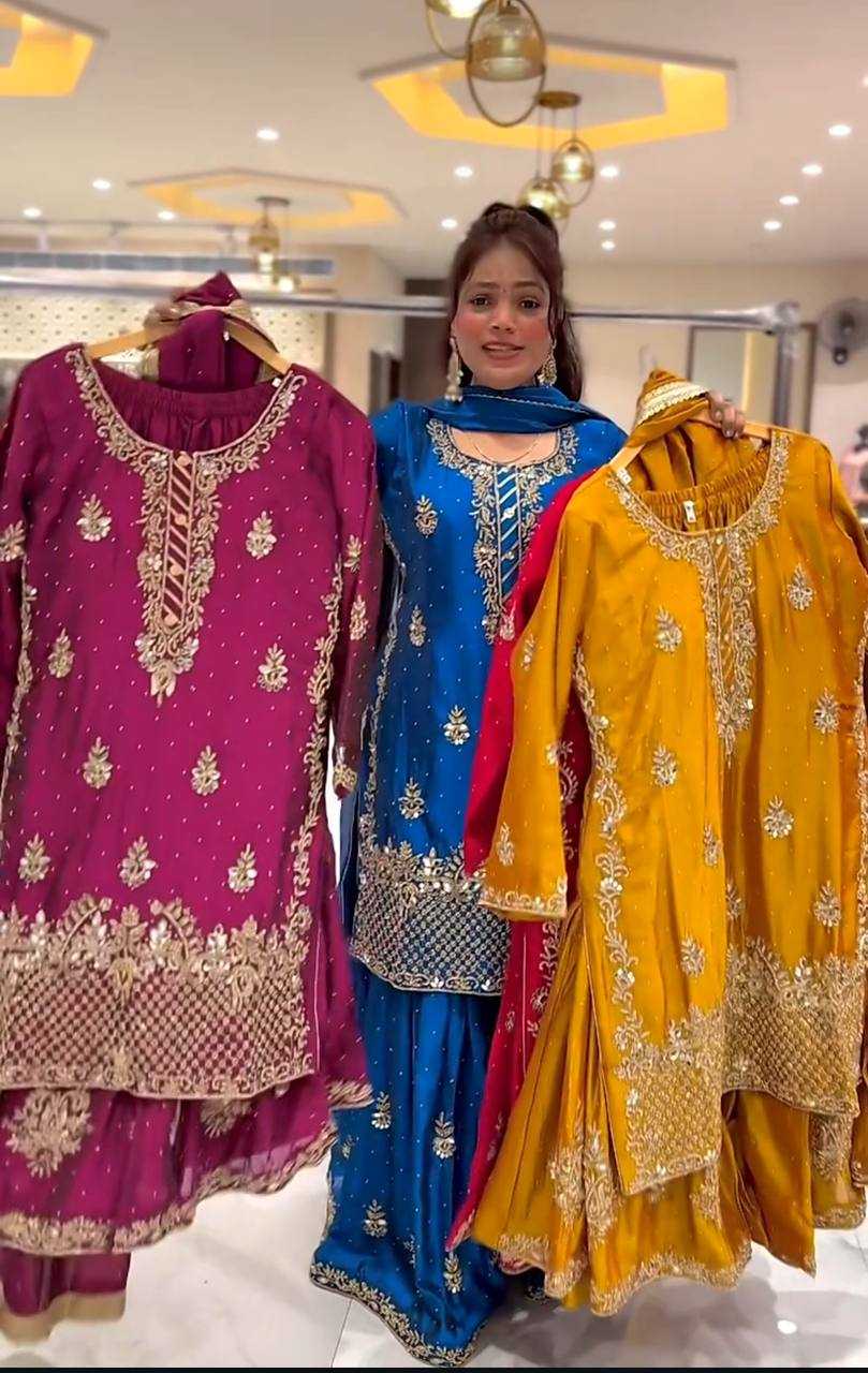 Chinon Silk Embroidery Sharara Salwar Wedding Suits