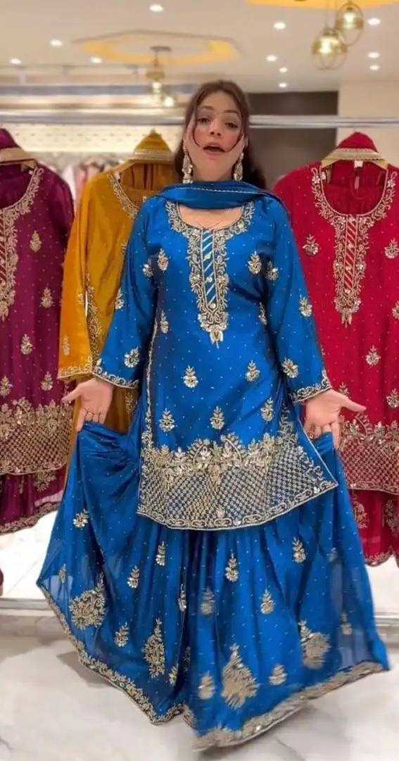 Chinon Silk Embroidery Sharara Salwar Wedding Suits