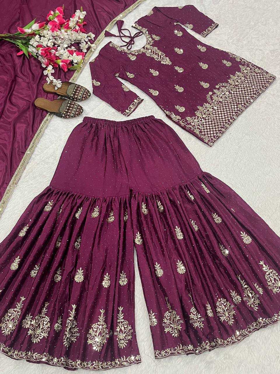 Chinon Silk Embroidery Sharara Salwar Wedding Suits