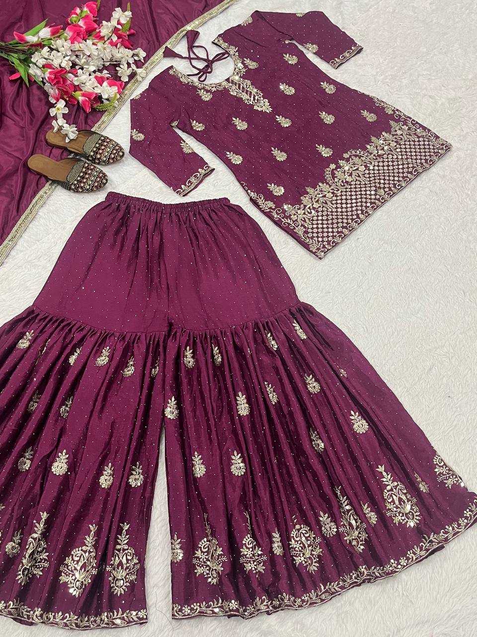 Chinon Silk Embroidery Sharara Salwar Wedding Suits
