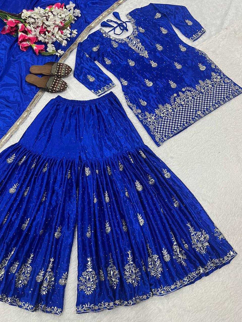 Chinon Silk Embroidery Sharara Salwar Wedding Suits