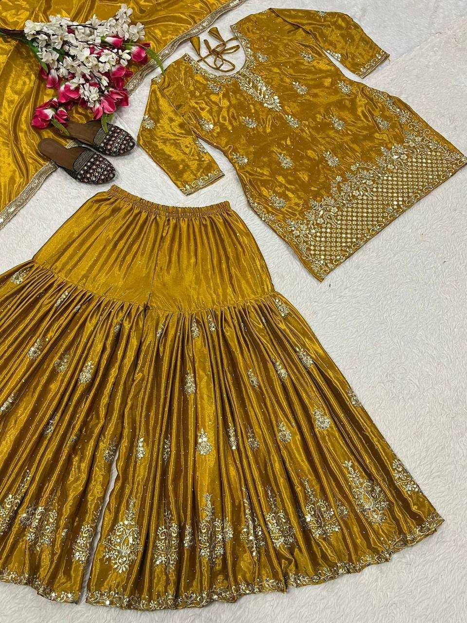 Chinon Silk Embroidery Sharara Salwar Wedding Suits