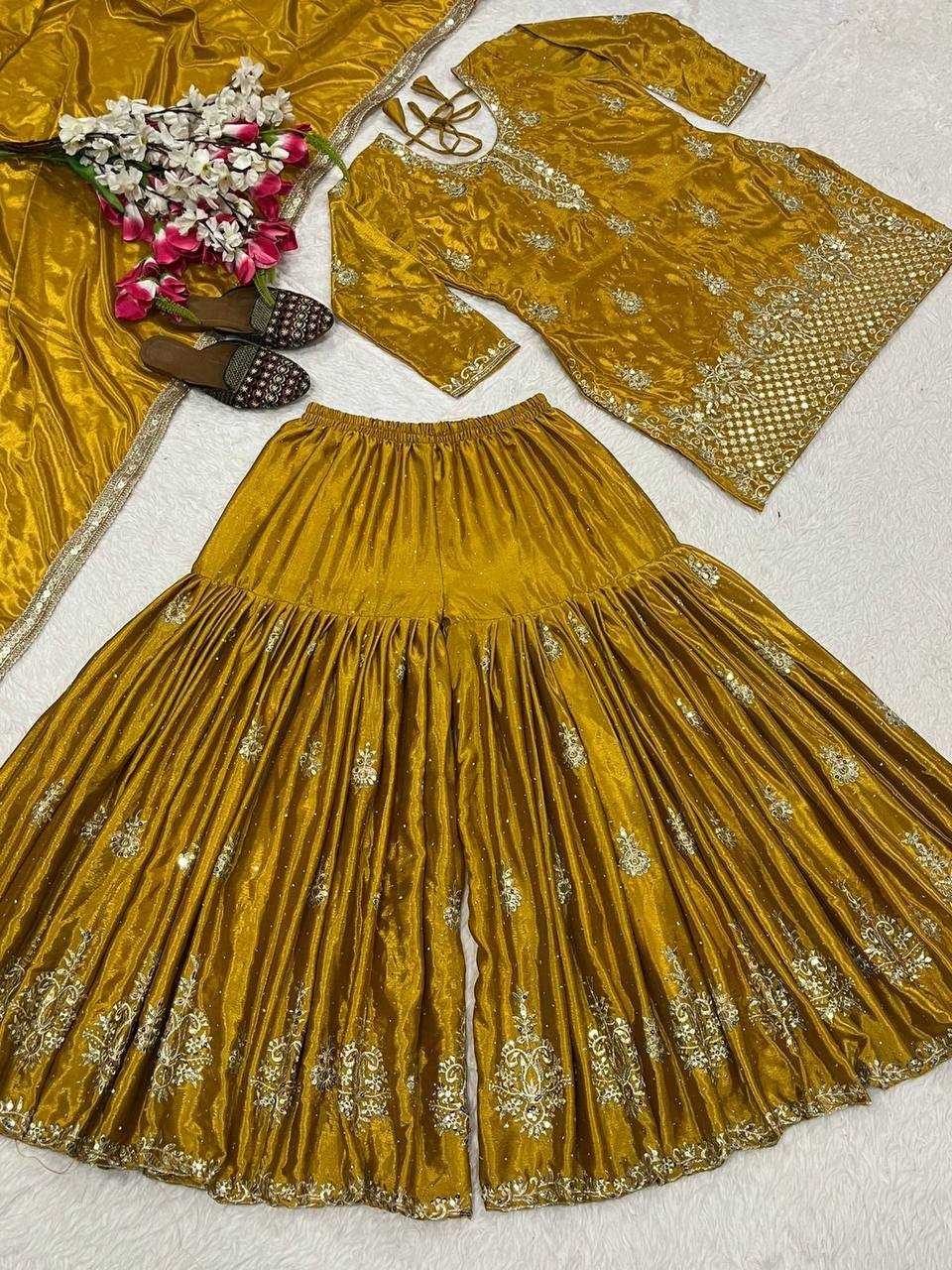 Chinon Silk Embroidery Sharara Salwar Wedding Suits