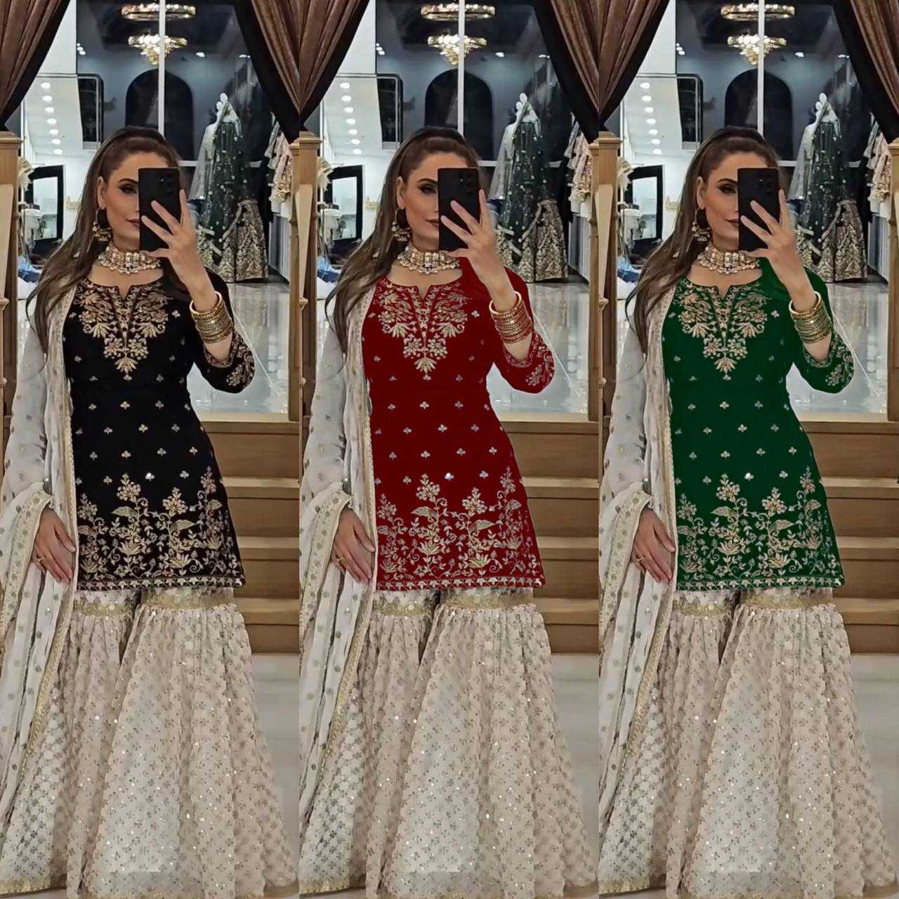 Faux Georgette Embroidery Sharara Salwar Suit