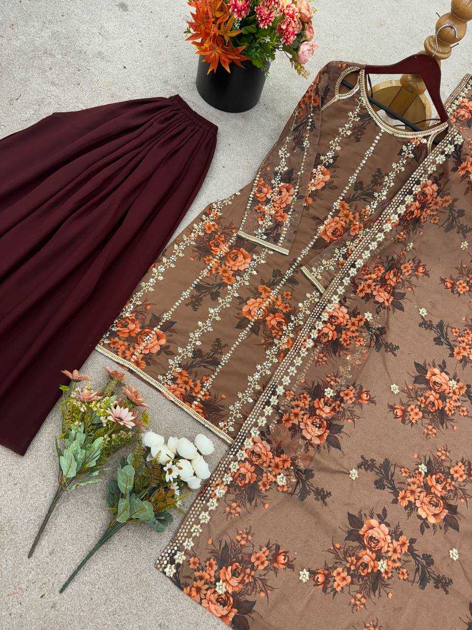 Printed Georgette Embroidery Sharara Salwar Suit