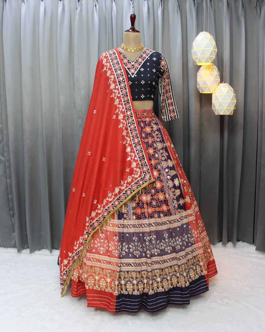 Navratri Chaniya Choli Muslin Cotton Mirror Work Lehenga