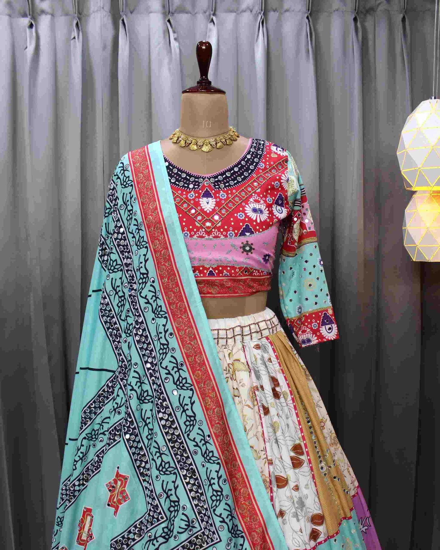 Navratri Chaniya Choli Muslin Cotton Mirror Work Lehenga