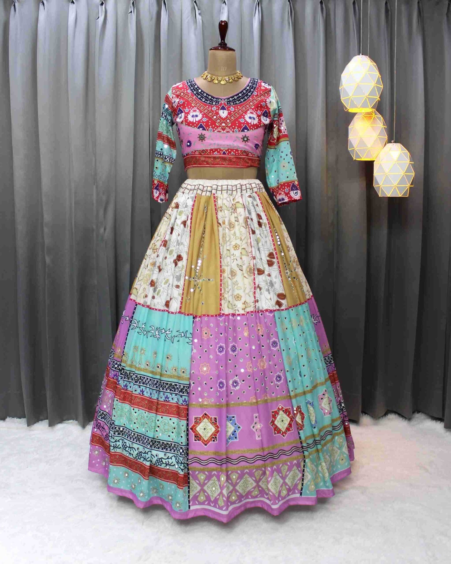 Navratri Chaniya Choli Muslin Cotton Mirror Work Lehenga