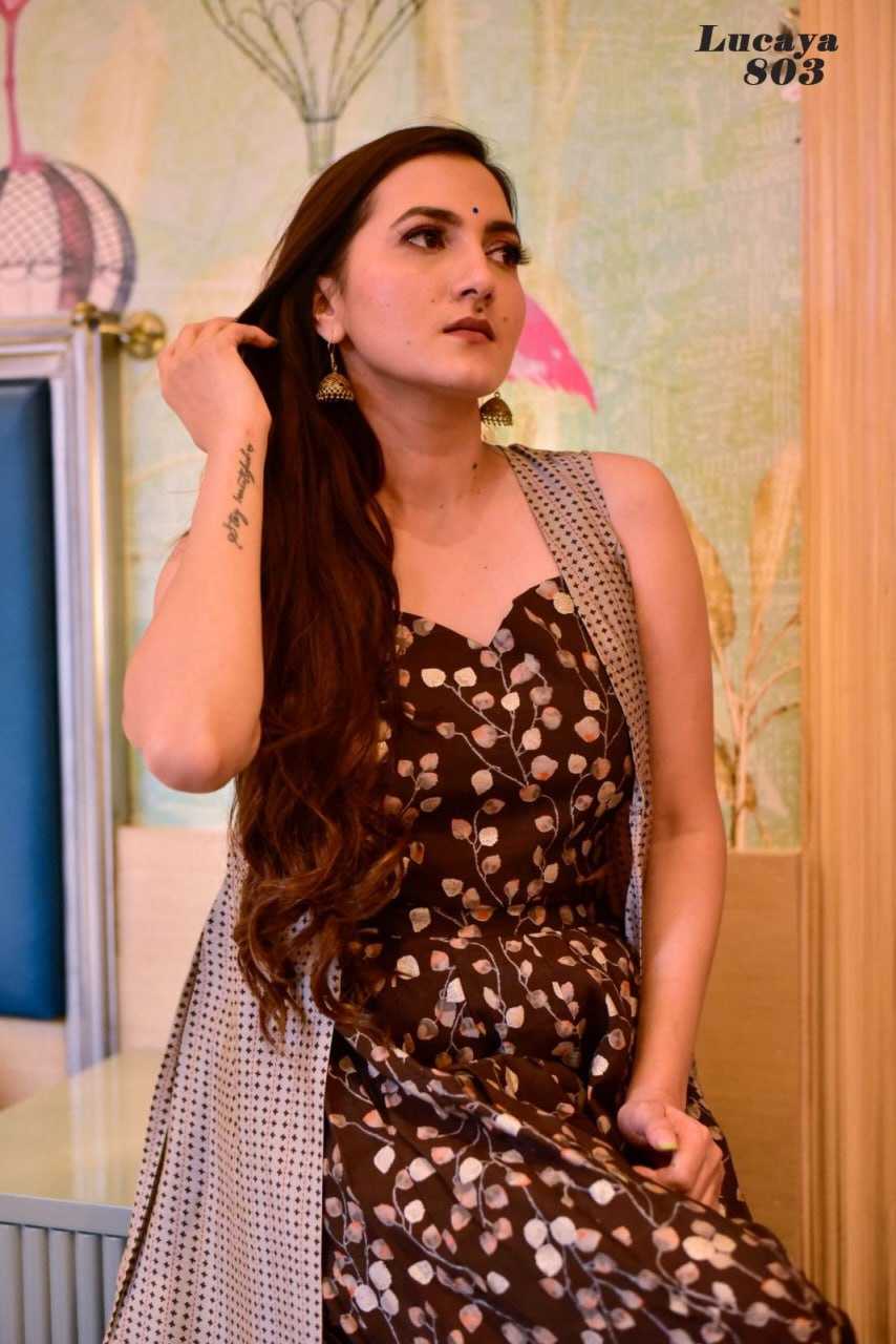 MUSLIN SILK INDO WESTERN PRINTED PARTY WEAR DRESS