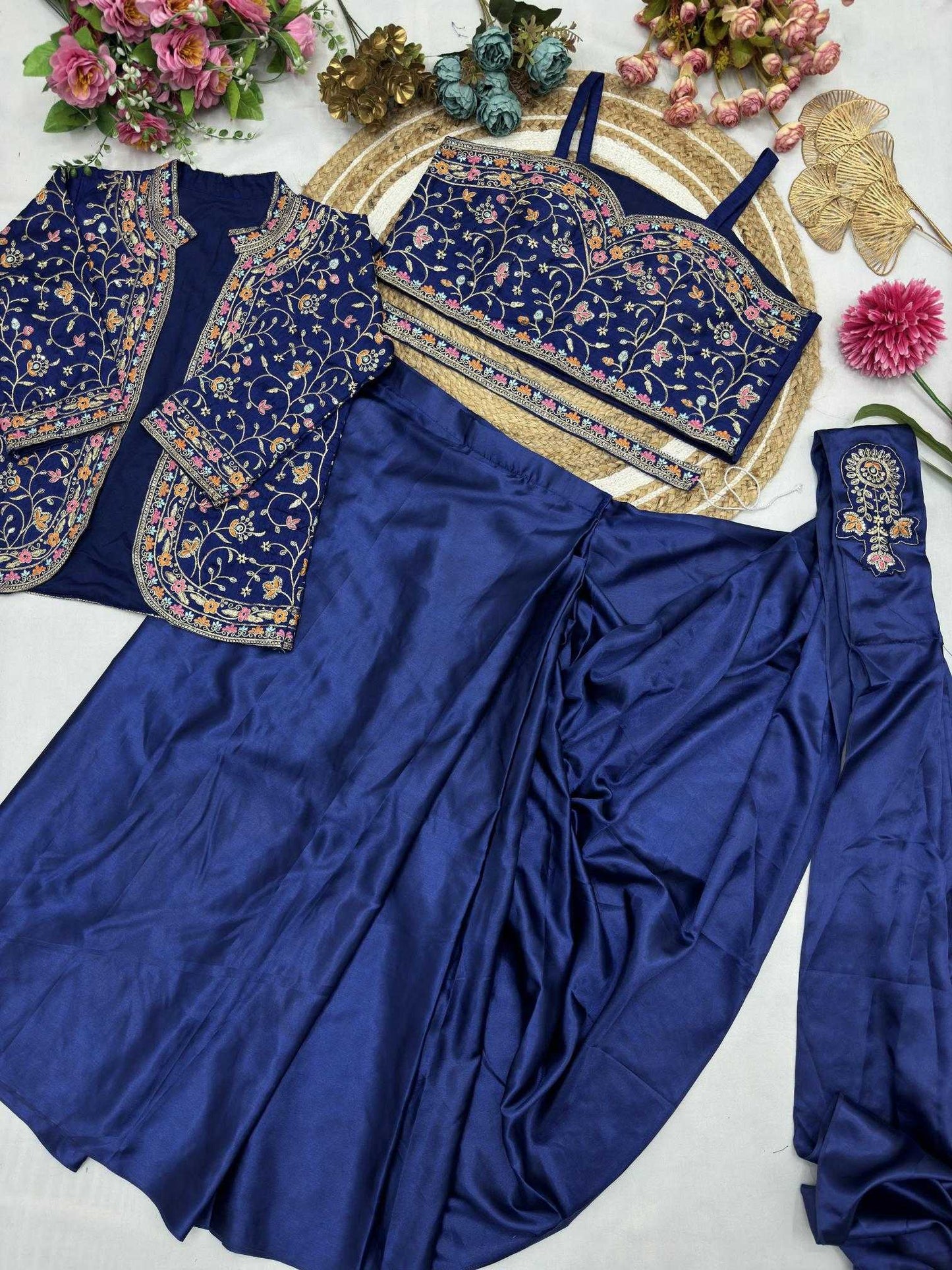 Party Wear Satin Silk Ready To Wear Saree
