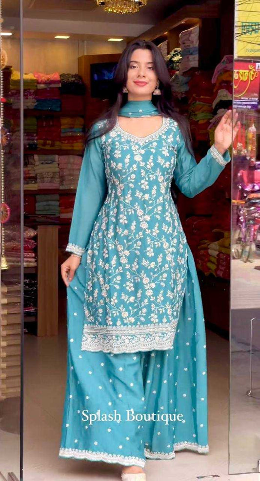 Chinon Silk Embroidery Palazzo Suit