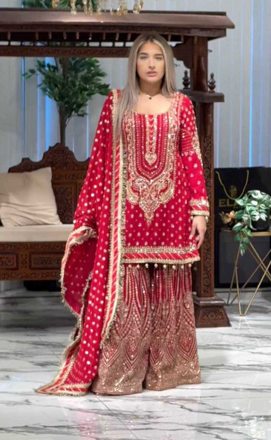 Faux Georgette Embroidery Palazzo Suit