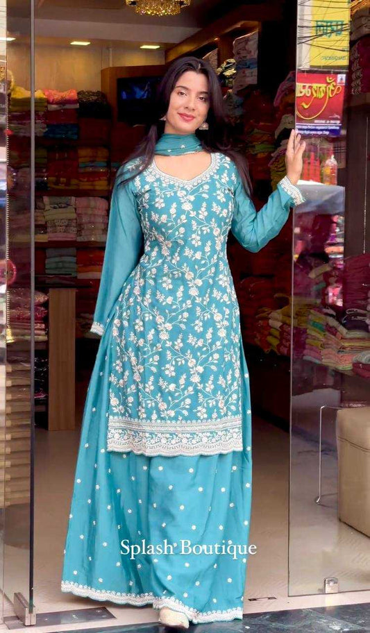 Chinon Silk Embroidery Palazzo Suit