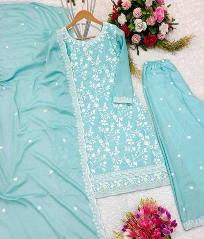 Chinon Silk Embroidery Palazzo Suit