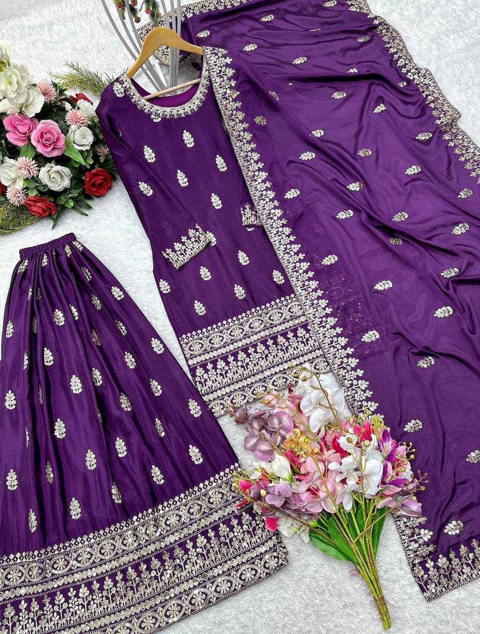 ✨ Chinon Silk Embroidery Wedding Sharara Suits! ✨