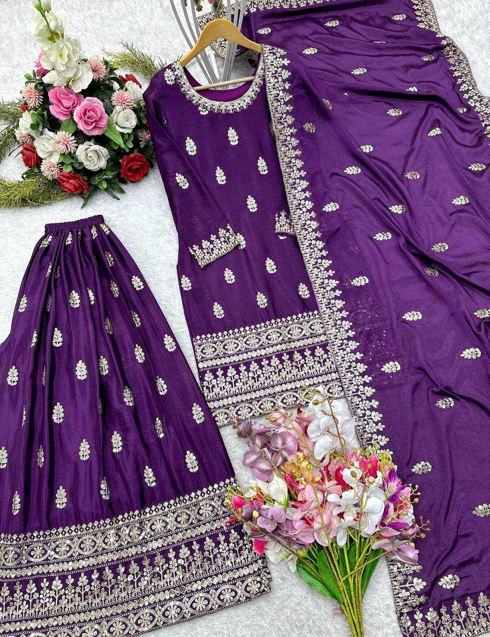 ✨ Chinon Silk Embroidery Wedding Sharara Suits! ✨