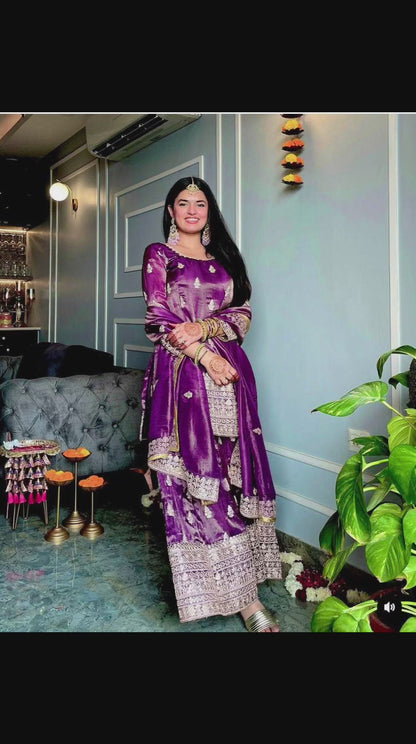 ✨ Chinon Silk Embroidery Wedding Sharara Suits! ✨