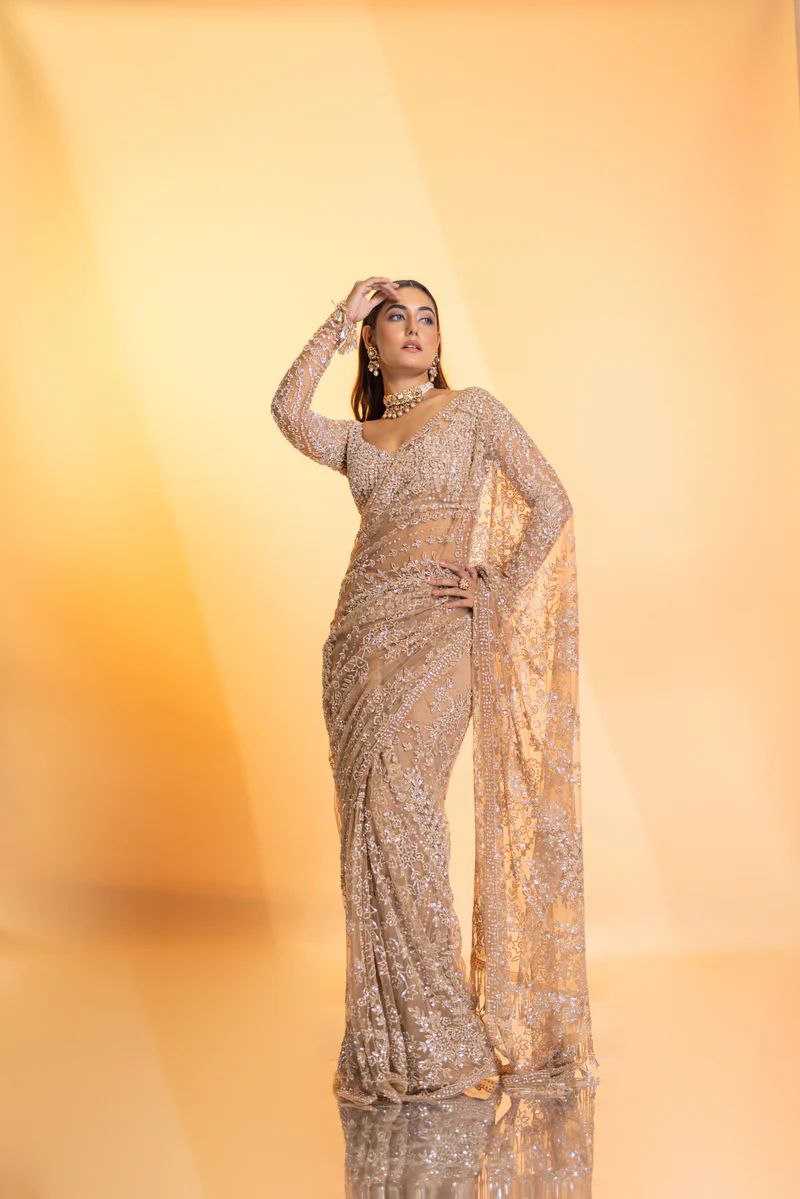 Butterfly Net  Embroidered  Saree With Blouse Wedding Collections