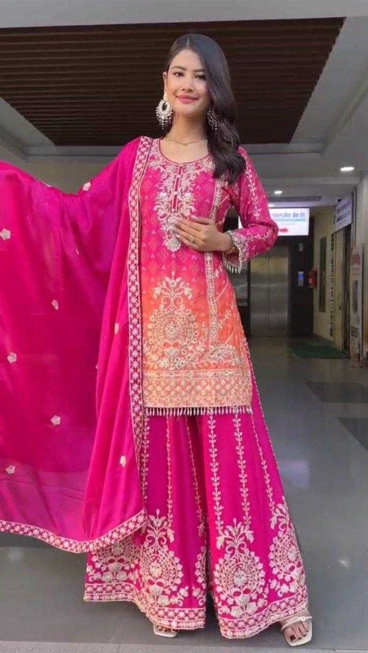 Chinon Embroidery  Sharara Salwar Suit