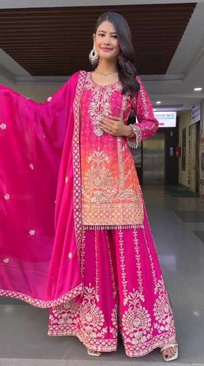 Chinon Embroidery  Sharara Salwar Suit