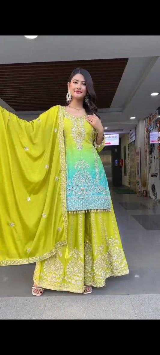 Chinon Embroidery  Sharara Salwar Suit