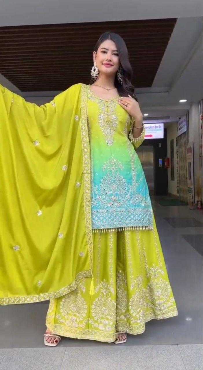 Chinon Embroidery  Sharara Salwar Suit