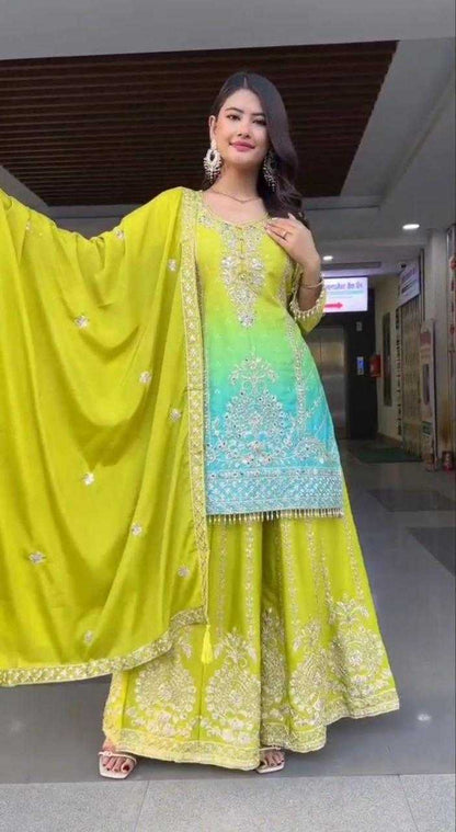 Chinon Embroidery  Sharara Salwar Suit