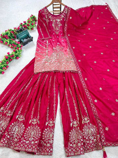 Chinon Embroidery  Sharara Salwar Suit