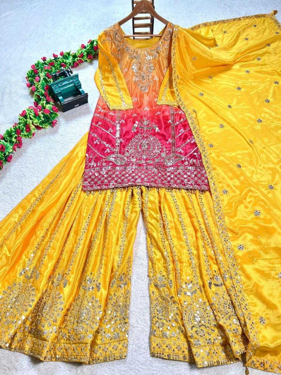 Chinon Embroidery  Sharara Salwar Suit