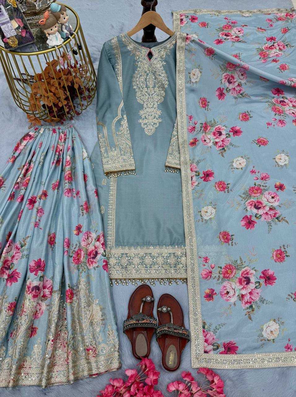 Chinon Silk  Embroidery  Sharara Salwar Suit