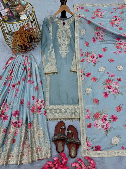 Chinon Silk  Embroidery  Sharara Salwar Suit