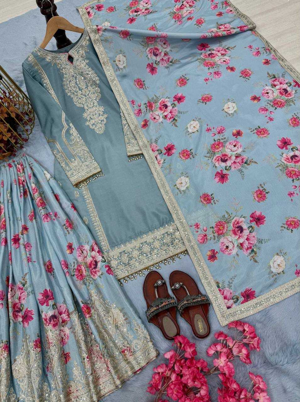 Chinon Silk  Embroidery  Sharara Salwar Suit