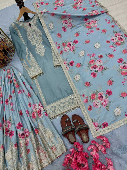 Chinon Silk  Embroidery  Sharara Salwar Suit