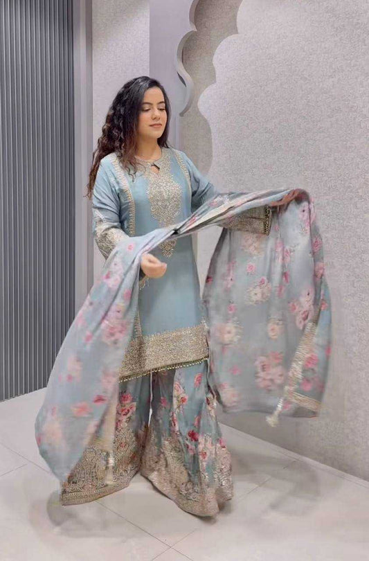 Chinon Silk  Embroidery  Sharara Salwar Suit